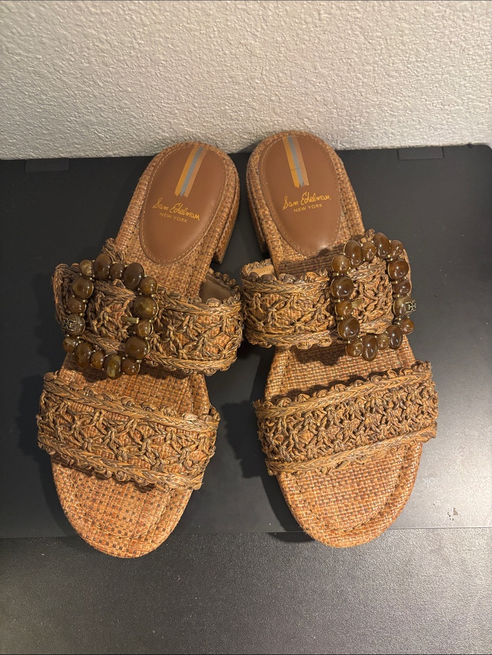 Sam Edelman Tan Braided Slide Sandals with Beaded Buckle